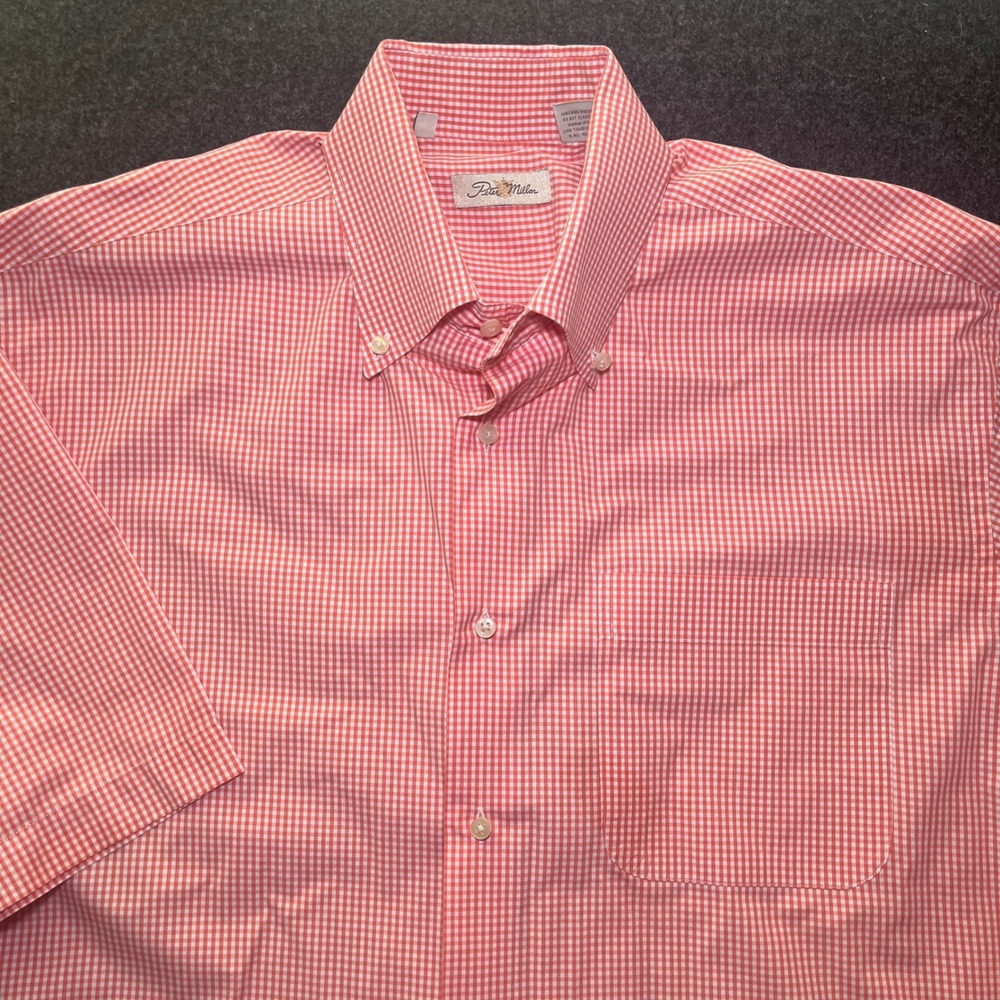 Peter Millar Button Down Shirt Mens XL Salmon Excellent Gingham Short Sleeve‎